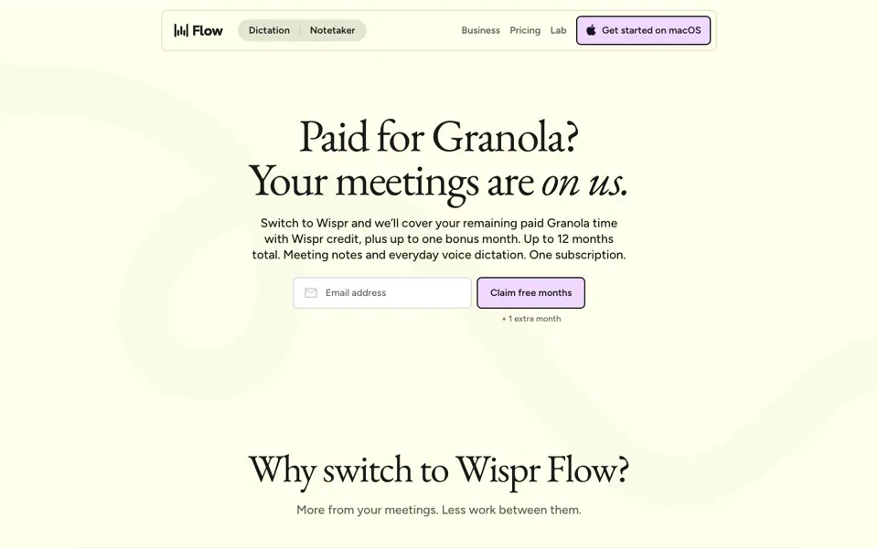 Granola switch landing page, desktop