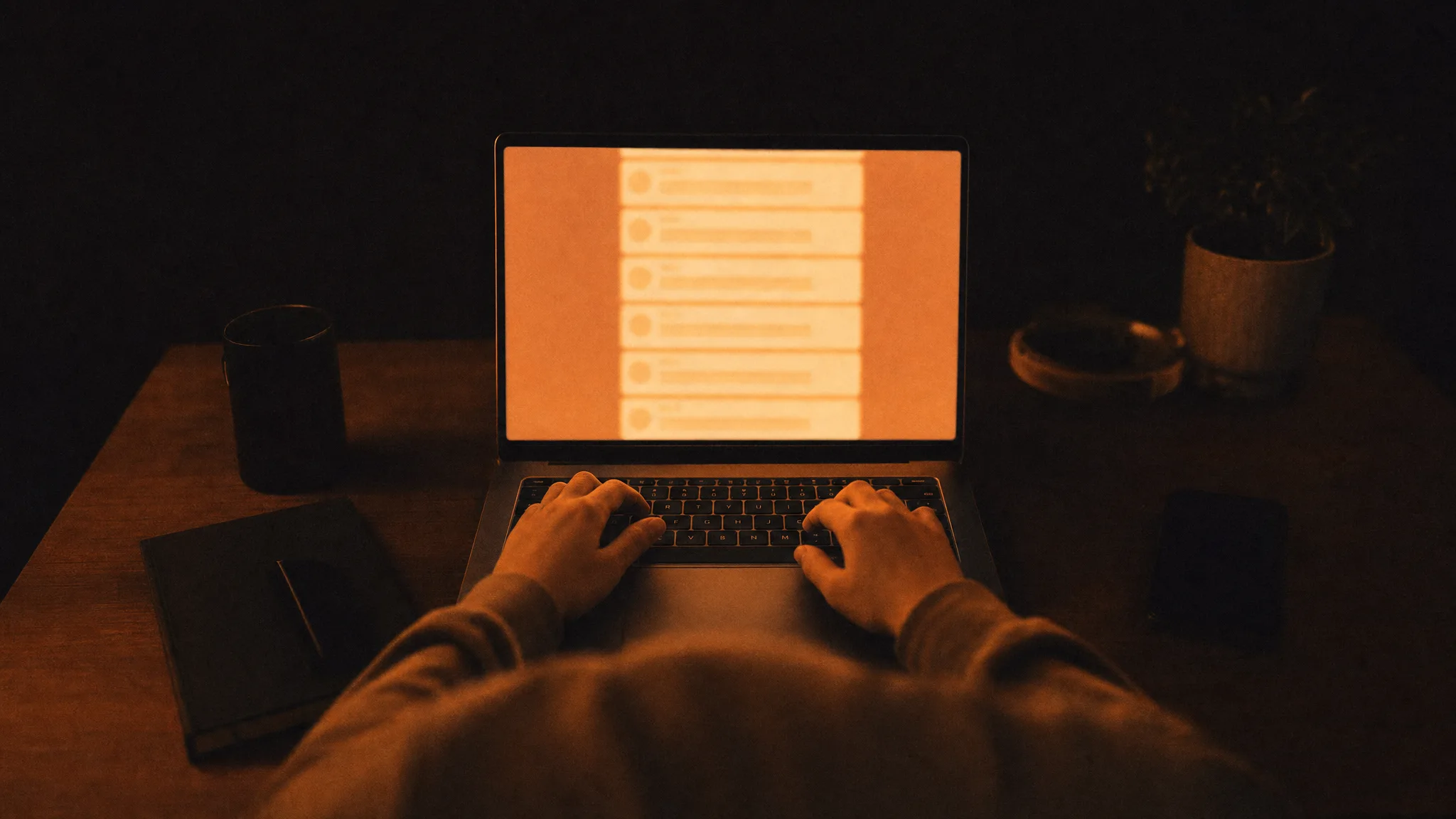 Someone at a laptop in a dark room, a feed of posts glowing on the screen