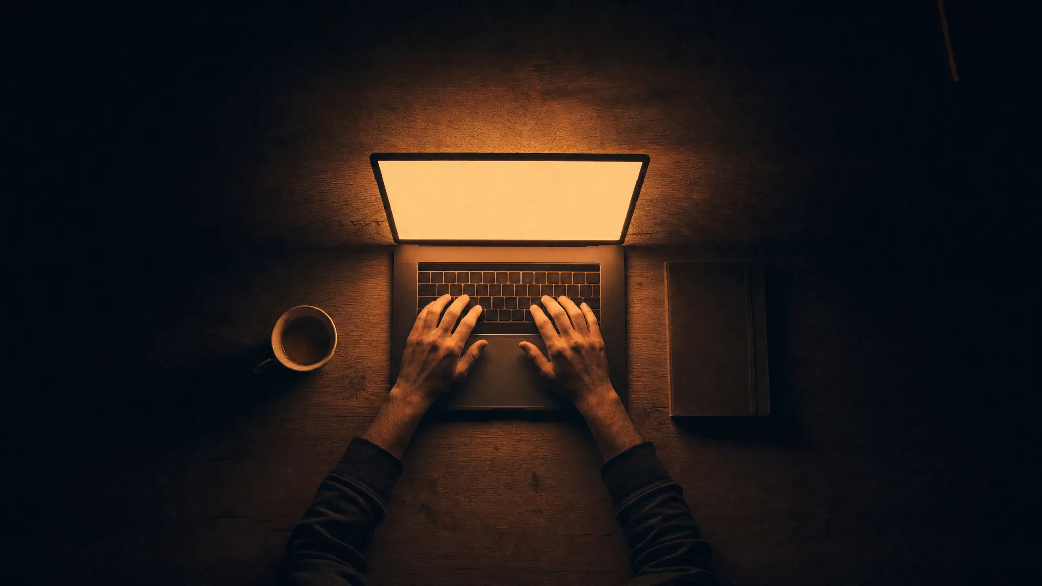 Overhead view of two hands on a laptop keyboard before dawn, the screen the only light on the desk